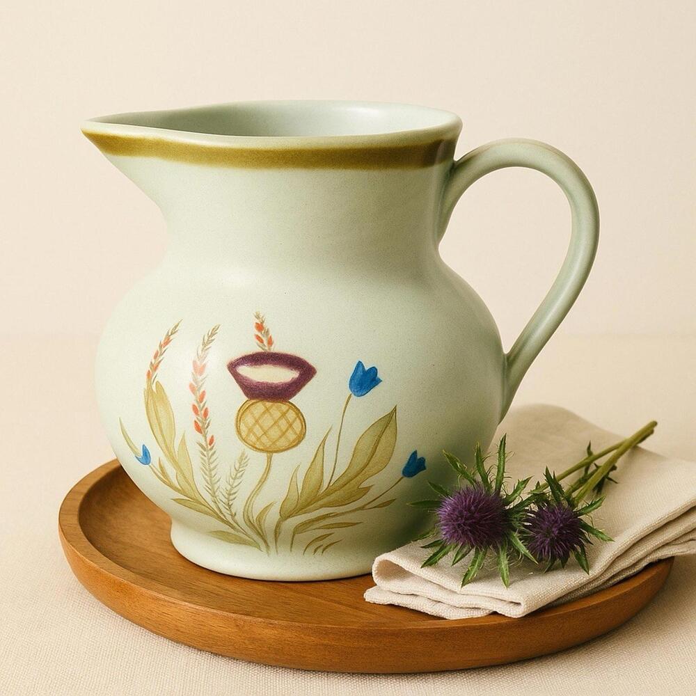 Buchan Portobello Scotland 1950s Thistle Stoneware Pitcher Jug, 5x6.25”